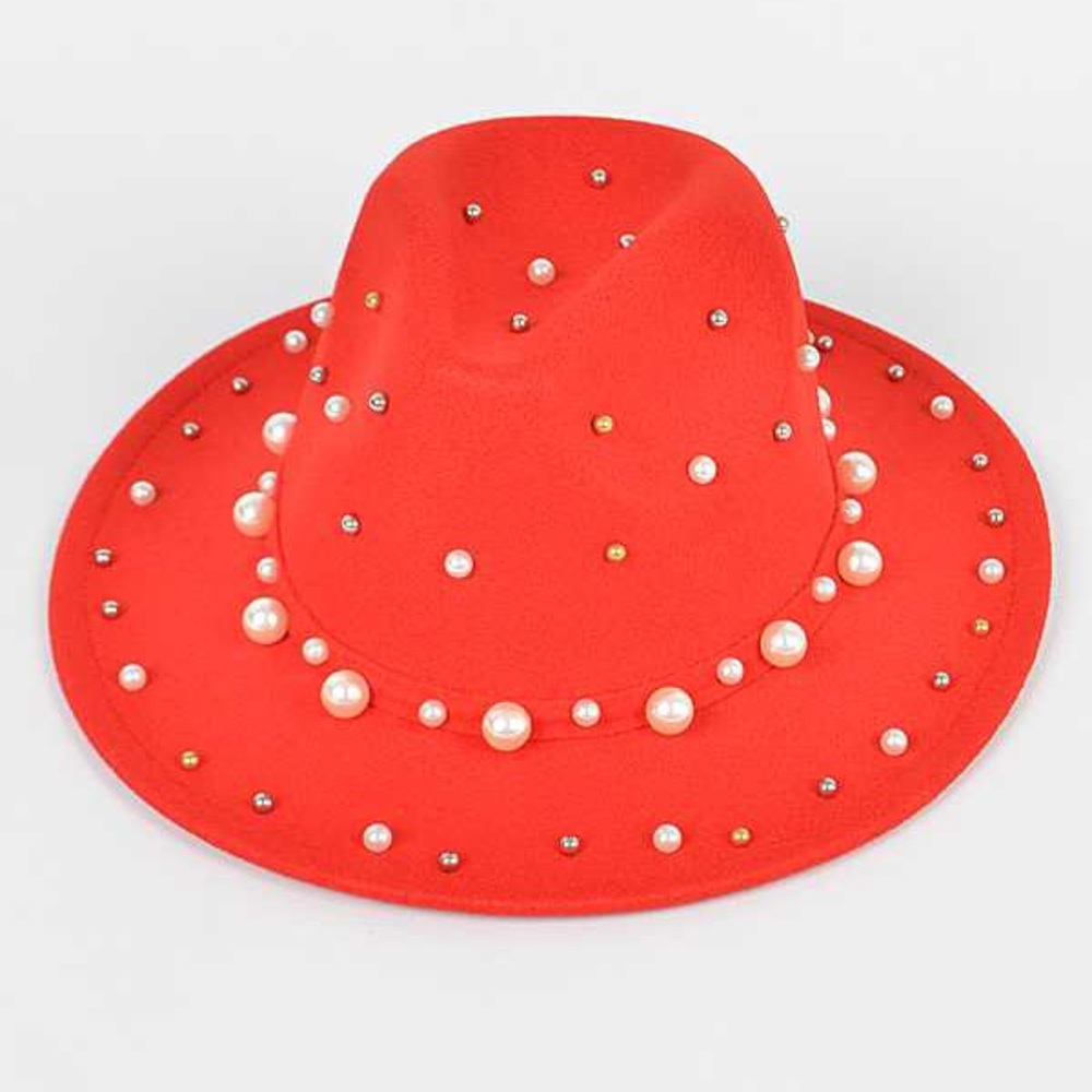 Wide Brim Fedora Hat With Pearls and Metal Accents